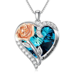 I Love You Heart Flower Rose Pendant Crystal Necklace with heart, rose, and crystal details