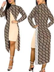 Elegant A Line Two Piece Print Dresses Full Sleeve Split Cardigan Half High Collar Dress