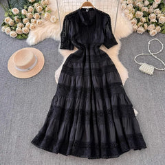 French Elegant Lace Embroidery Prom Midi Dress Women's V Neck Puff Sleeve High Waist Hollow Out Long Summer Sundress Clothing