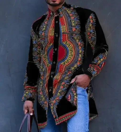 Autumn and Spring Fashion Style African Men Printing Polyester Plus Size Shirts M-4XL