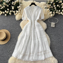 French Elegant Lace Embroidery Prom Midi Dress Women's V Neck Puff Sleeve High Waist Hollow Out Long Summer Sundress Clothing