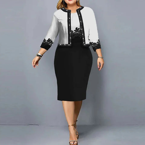Women 3/4 Sleeve 2 Piece Cardigan set Wrapped Hip Dress Suit New Print Fashion Office Outfits Vestidos