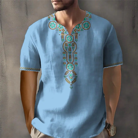 Vintage T-shirt For Men African Traditional Ethnic Style Print T-shirt Loose V-Neck Short Sleeved Tee Oversized Men Clothing Top