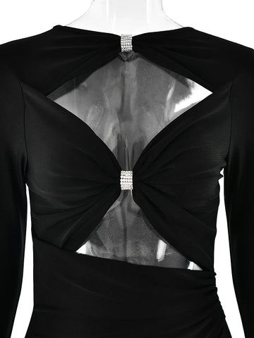 Sexy Hollow Cut Out Front Long sleeved Elastic Tight Dress Double Pleats Vestidos Elegant Evening Dress