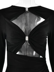 Sexy Hollow Cut Out Front Long sleeved Elastic Tight Dress Double Pleats Vestidos Elegant Evening Dress