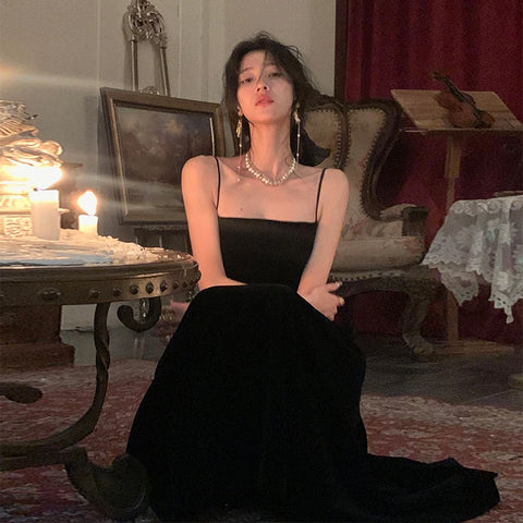 French Black Velvet Spaghetti Strap Midi Dresses for Women Summer Autumn Elegant Party 2-piece A-line Evening Formal Attire Dresses