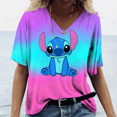 Lilo&Stitch Women's T-shirt Fashion V-neck Short sleeved Top Summer Women's Clothing Casual Harajuku T-shirt Street Trend