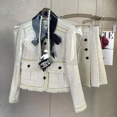 Y2K Women Elegant Vintage Tweed Fragrant Suit Jacke Coat Top And Skirt Two Piece Set Green Outfit Winter Jacquard Party Clothing
