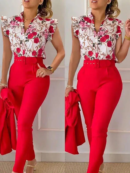 Unique Glamor Style Ladies Fashion 2PC V Neck Floral set