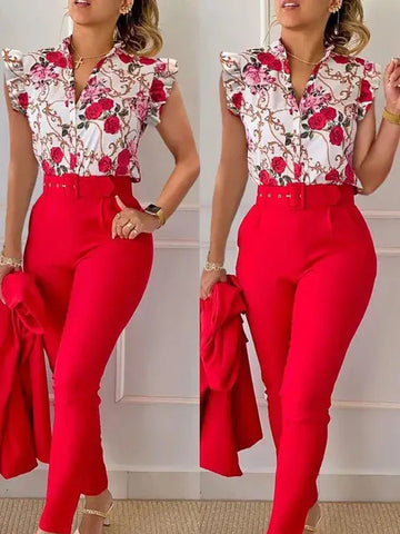  Unique Glamor Style Ladies Fashion 2PC V Neck Floral Set – Elegant, trendy, and comfortable floral outfit for any occasion