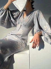 Summer Vintage New Elegant Printing Mermaid Dresses French Chic Long Sleeve V-neck Slim Lady Robe