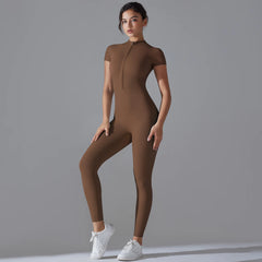 Women's Jumpsuits One-Piece Suit Zipper Short Sleeve Gym Workout Clothes Fitness Bodysuit