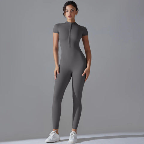 Women's Jumpsuits One-Piece Suit Zipper Short Sleeve Gym Workout Clothes Fitness Bodysuit
