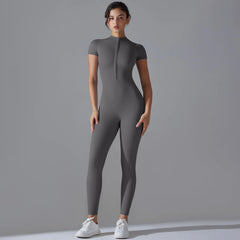 Women's Jumpsuits One-Piece Suit Zipper Short Sleeve Gym Workout Clothes Fitness Bodysuit