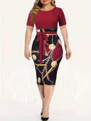 Colorblock Chain Print Short Sleeve Round Neck Slim Fit Mini Dress With Belt