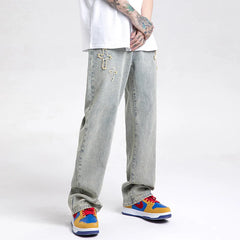 Men's clothing # American vibe style yellow mud dyed cross jeans men's ins embroidered high street wide leg long pants