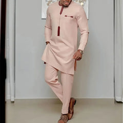 African men Wedding Beaded Long-sleeved Top Pants Set Kaftan Traditional Clothing Ethnic Casual Men's 2Pcs Suit