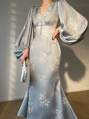 Summer Vintage New Elegant Printing Mermaid Dresses French Chic Long Sleeve V-neck Slim Lady Robe