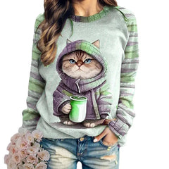 Women's round neck hoodie animal cat 3D printed shoulder style autumn and winter European and American T-shirt women's clothing