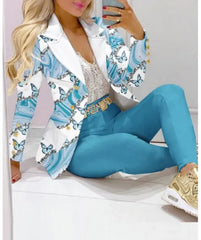 Elegant Two Piece Fashion Print Casual Pants Suits Outfit
