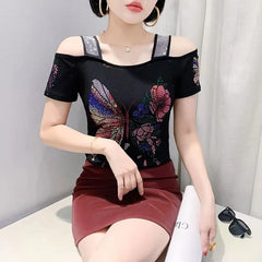 Summer European Clothing T-shirt Female New Short Sleeve Tops Shirt Fashion Butterfly Diamonds Mesh Tees Women Slim T-Shirt