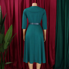 Elegant Office Dress for Women Midi With Sleeve O Neck Turn Down Collar Three Quarter Belt Waisted Mid Calf Formal Work Dress OL