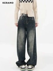 Harajuku Streetwear Retro Fashion Women High Waist Jeans Wide Leg Straight Denim Trousers Y2K Baggy Pants