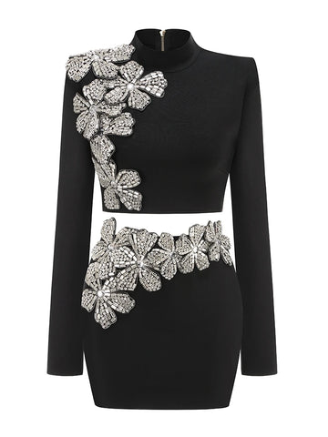 Long Sleeves Bandage 2-Piece Turtleneck Diamonds Flower Top Set Bodycon Skirts Suits