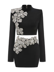 Long Sleeves Bandage 2-Piece Turtleneck Diamonds Flower Top Set Bodycon Skirts Suits