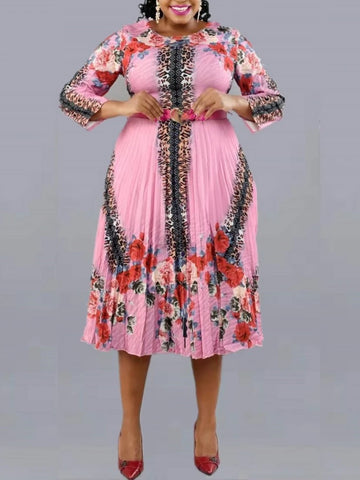 Women Print Dress Pleated Leopard Elegant Office Ladies Classy Work Wear Spring Summer Three Quarter Sleeve African Female Robes