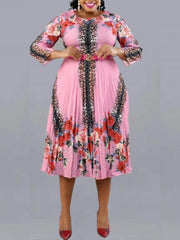Women Print Dress Pleated Leopard Elegant Office Ladies Classy Work Wear Spring Summer Three Quarter Sleeve African Female Robes