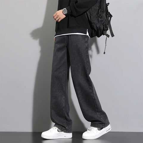 New Korean Men's Casual Long Jeans Classic Straight Denim Wide-leg Pants