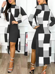 Elegant A Line Two Piece Print Dresses Full Sleeve Split Cardigan Half High Collar Dress