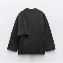 Winter Gray Knitted Cape Coats Scarf Women Outerwears Fashion Clothing Long Sleeve Jackets Elegant Chic Cloak Casual Coat Jacket