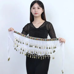 New Belly Dance Hip Scarf Copper Coin Waist Scarf Indian Dance Performance Clothing Accessories Dance Wear Belt with Gemstone