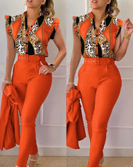 Elegant Short Sleeved Ladies Fashioned V Neck Animal Print 2 PC Pant Set