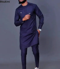 African men Wedding Beaded Long-sleeved Top Pants Set Kaftan Traditional Clothing Ethnic Casual Men's 2Pcs Suit