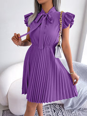 Elegant Bow Ruffles Summer Short Sleeve Pleated Dress