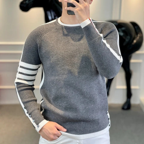 Striped Contrast Color Round Neck Autumn Winter Pullover Sweater Knitted Lantern Long Sleeve Men's Clothing Retro Stylish Tops