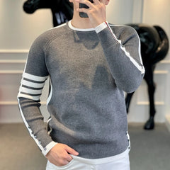 Striped Contrast Color Round Neck Autumn Winter Pullover Sweater Knitted Lantern Long Sleeve Men's Clothing Retro Stylish Tops