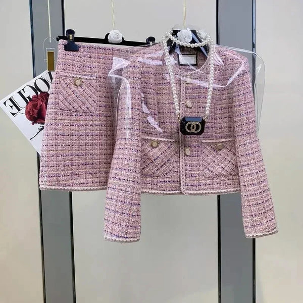 Y2K Women Elegant Vintage Tweed Fragrant Suit Jacke Coat Top And Skirt Two Piece Set Green Outfit Winter Jacquard Party Clothing
