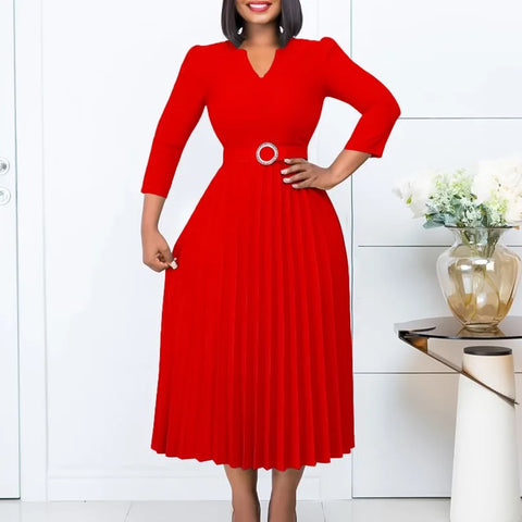 Elegant Pleated V Neck Belt Waisted Mid Calf African Business Wear Dress