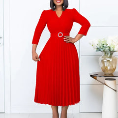 Elegant Pleated V Neck Belt Waisted Mid Calf African Business Wear Dress