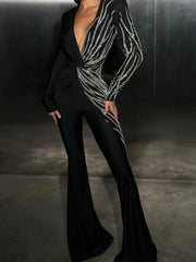 Sparkly Diamonds Design Long Sleeve Wide Leg Jumpsuit Elegant Evening Wear