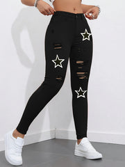 Red Mid-Waist Tight Ripped Printed Stretch Denim Trousers Plain Washed Small Toes Star Applique Elegant Fashion Sexy Classic