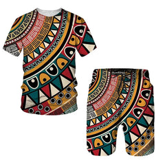 African Men 2 Piece Outfit Ethnic Style Dashiki Shirts Short Sleeve Tee