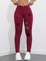 Red Mid-Waist Tight Ripped Printed Stretch Denim Trousers Plain Washed Small Toes Star Applique Elegant Fashion Sexy Classic