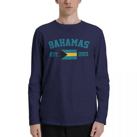 100% Cotton Bahamas Flag With EST. Year Long Sleeve Autumn T shirts Men Women Unisex Clothing LS T-Shirt Tops Tees