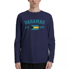 100% Cotton Bahamas Flag With EST. Year Long Sleeve Autumn T shirts Men Women Unisex Clothing LS T-Shirt Tops Tees