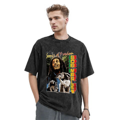 Bob Marleyed Music Tour Washed T Shirt Jamaican Reggae Singer Guitarist Street Style Summer Tees